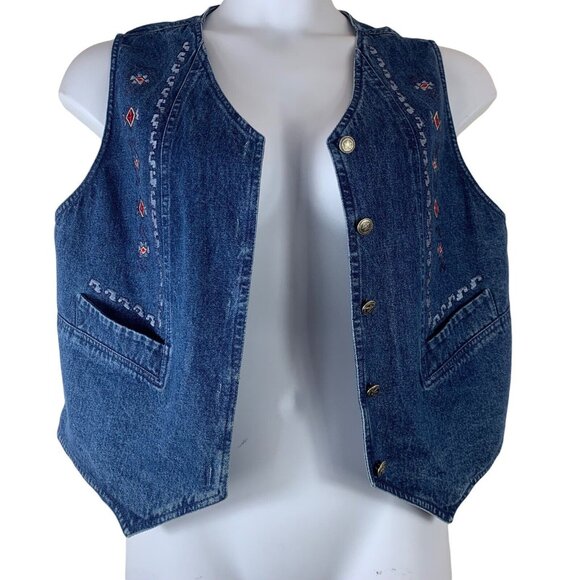 Vintage Ozark Mountain Jean Vest Size 1 1X Embroidered Button Front